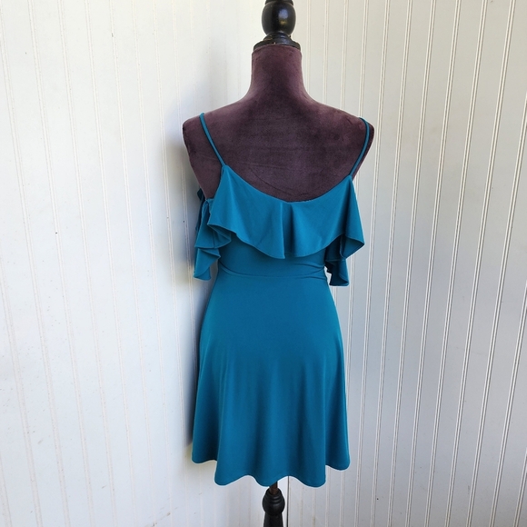 Express Mini Dress Womens Teal Ruffle Cold Shoulder Party Date Night  Stretch XS - Picture 6 of 12